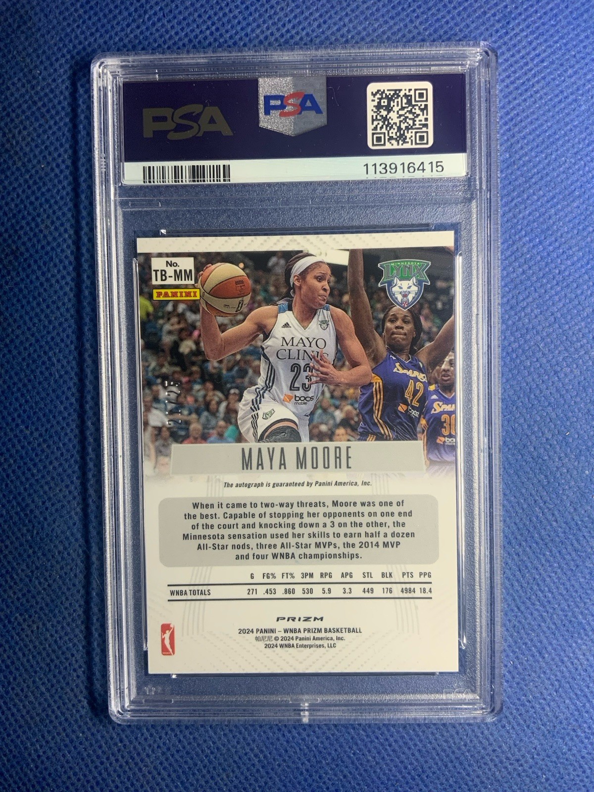 2024 Panini WNBA Prizm Maya Moore Throwback Auto MOJO PRIZM 21/25 Psa 9/10 view 2