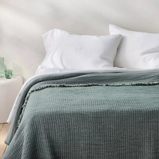 Full/Queen Reversible Textured Cotton Chambray Coverlet Dark Teal Blue -