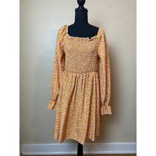 Ditsy Floral Shirred Bodice Square Neck Dress plus size 1x smocked back yellow