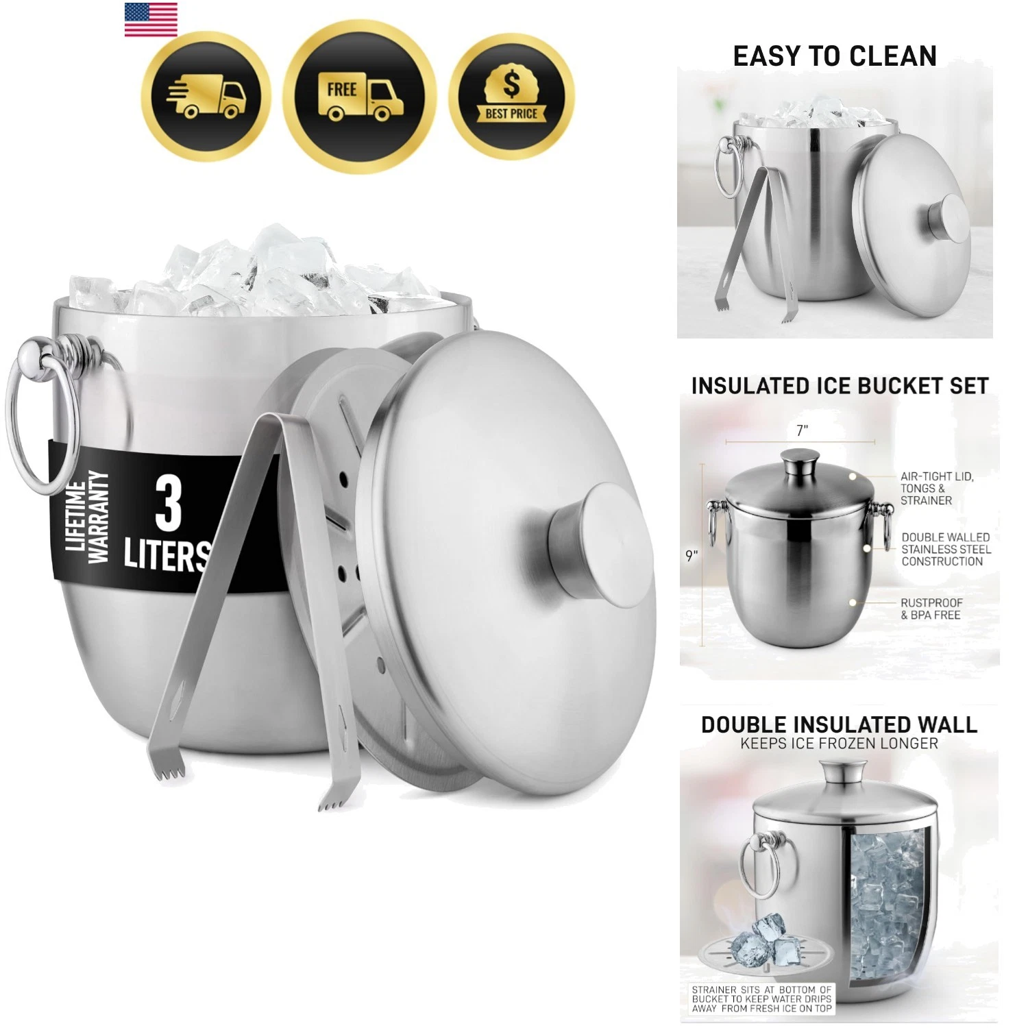 Ice Bucket Stainless Steel Double Wall Insulated 3L Drink Cooler for Parties