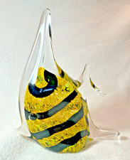 8 INCH YELLOW and BLACK HEAVY GLASS ANGEL FISH SCULPTURE MURANO STYLE