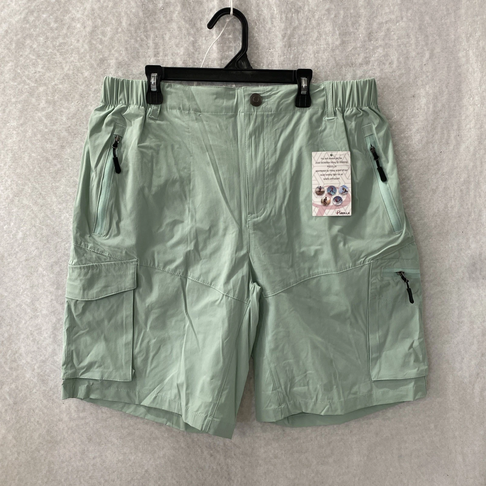 Pudolla Shorts Hiking Cargo Men's L or XXL Green Lightweight Outdoor Zip Pockets
