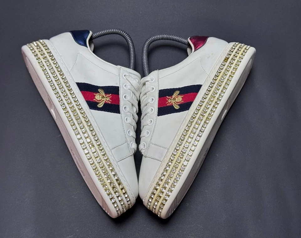 Gucci Ace Cristal y Abeja Cuero Bandas Web Tenis Mujer S Zapato Talla 9 EE. UU. Foto 4 de 4