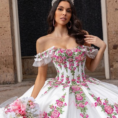 Off the Shoulder Floor Length Taffeta Quinceanera Ball Gown with Floral Embroidery Rachel Allan RQ5015 - White Fuchsia / 24W