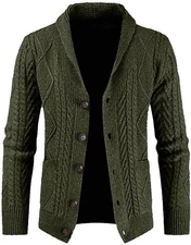 Mens Slim Fit Cable Knit Cardigan Sweater Shawl Collar Button Up with Pockets