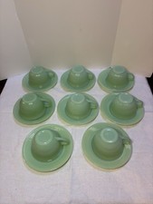 VINTAGE FIRE KING JADEITE JANE RAY CUP  SAUCER SET OF 8 - 16 Pcs Ribbed