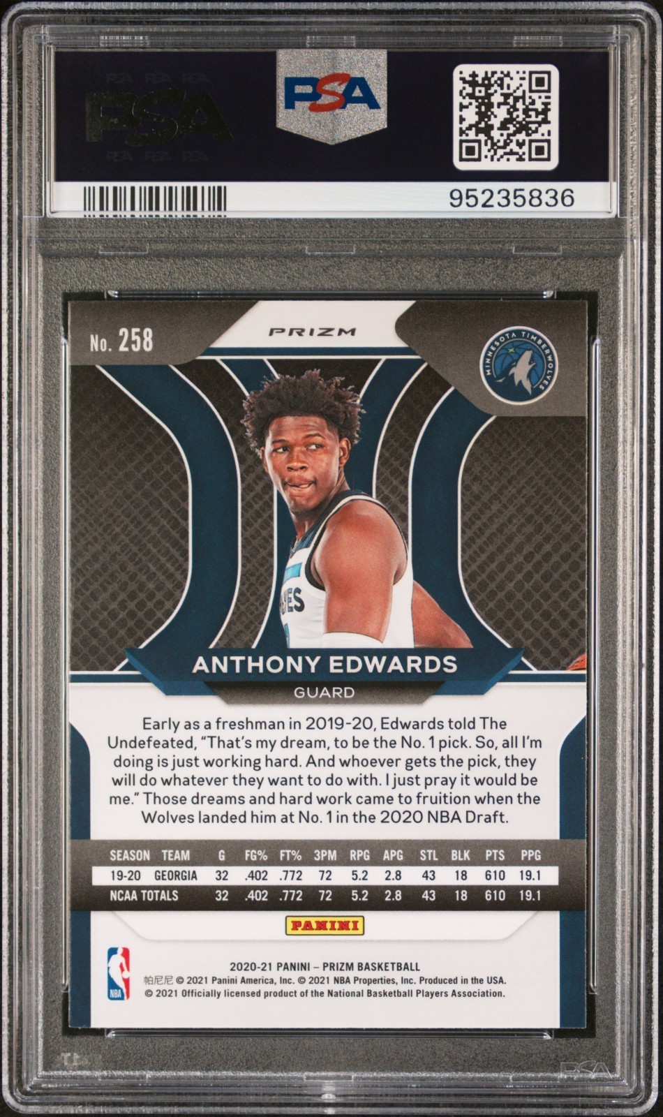 2020-21 Prizm ANTHONY EDWARDS Rookie RC Timberwolves #258 Red White Blue PSA 9 view 2