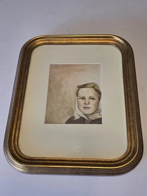Vintage Aquarell Gemälde kleines Mädchen vergoldeter runder Rahmen "Willy Street" - Bild 1 von 4