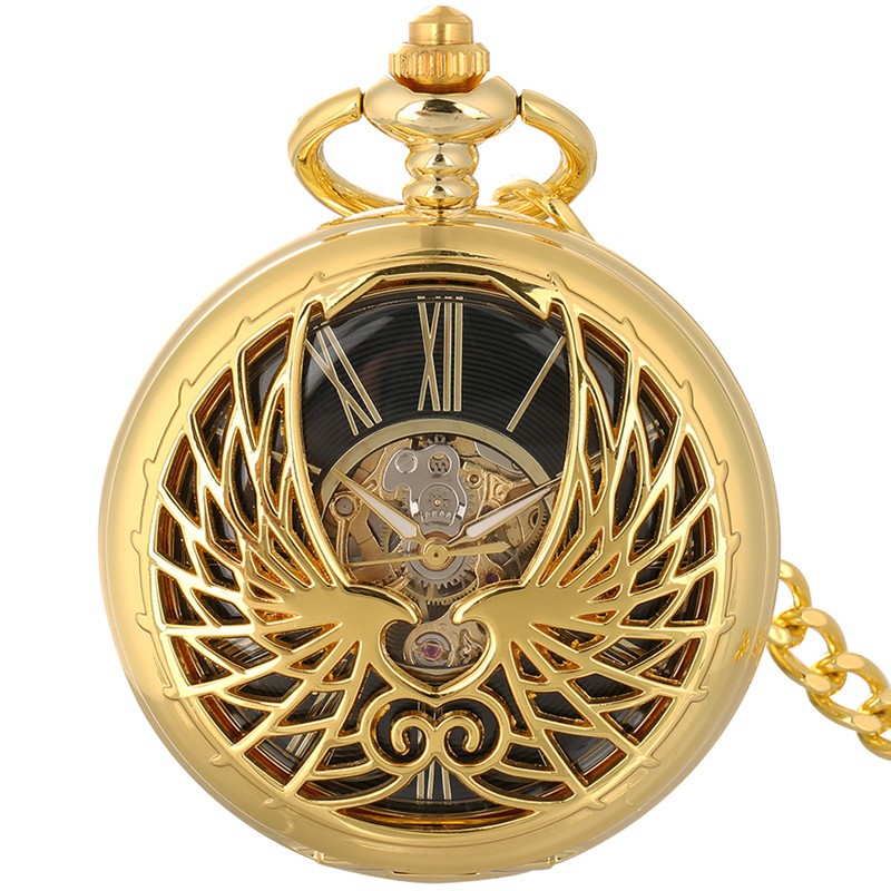 Mens Pocket Watch Mechanical Double Hunter Skeleton Short Chain Christmas Gifts