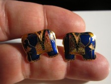 VINTAGE BLUE  GOLD ENAMEL ELEPHANT FIGURE CUFF LINKS - OFC-T5