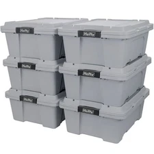 Hefty 12 gal Max Pro Plastic Utility Storage Tote, Gray, 6 Pack
