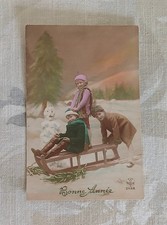 Carte Postale Ancienne Fantaisie Bonne Année Enfants Luge Bonhomme de Neige