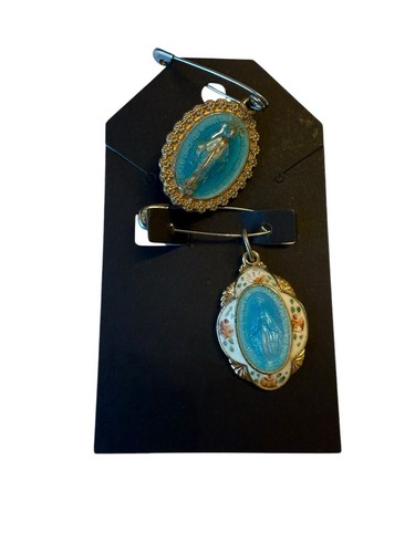 2 Vintage Creed STERLING SILVER Blue Enamel Miraculous Medal Virgin Mary LOT