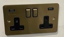 Double Socket Brushed Brass with USB Ports
