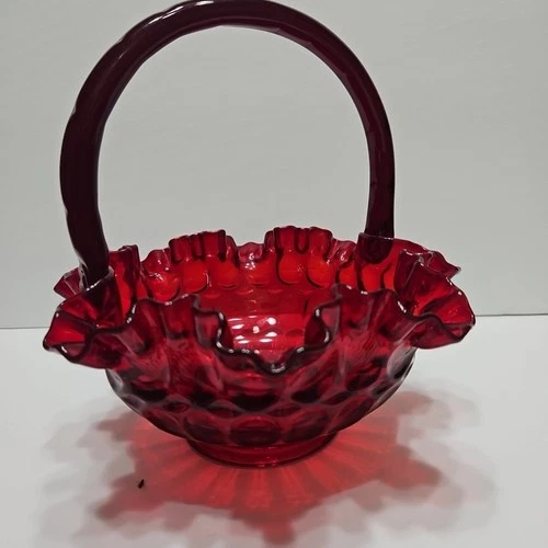 Vintage Fenton Glass Ruby Red Thumbprint Colonial Handle BASKET