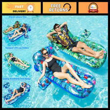 Large Inflatable Pool Float Chair for Adults - 65" Lounger with Cup Holder Bac