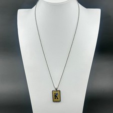 Initial K Pendant Necklace Yellow Art Tile Blue Bead Silver Tone Ball Chain Gift