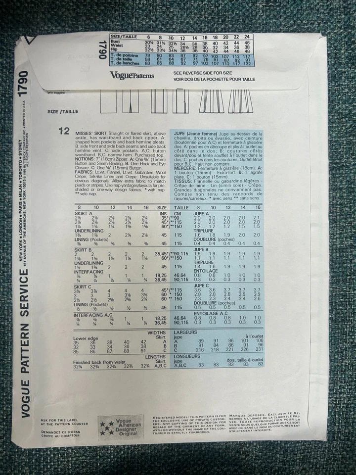 FREE SHIP! 1790 Vogue Patterns American Designer Calvin Klein Sz 12 Skirt - Image 2 of 2