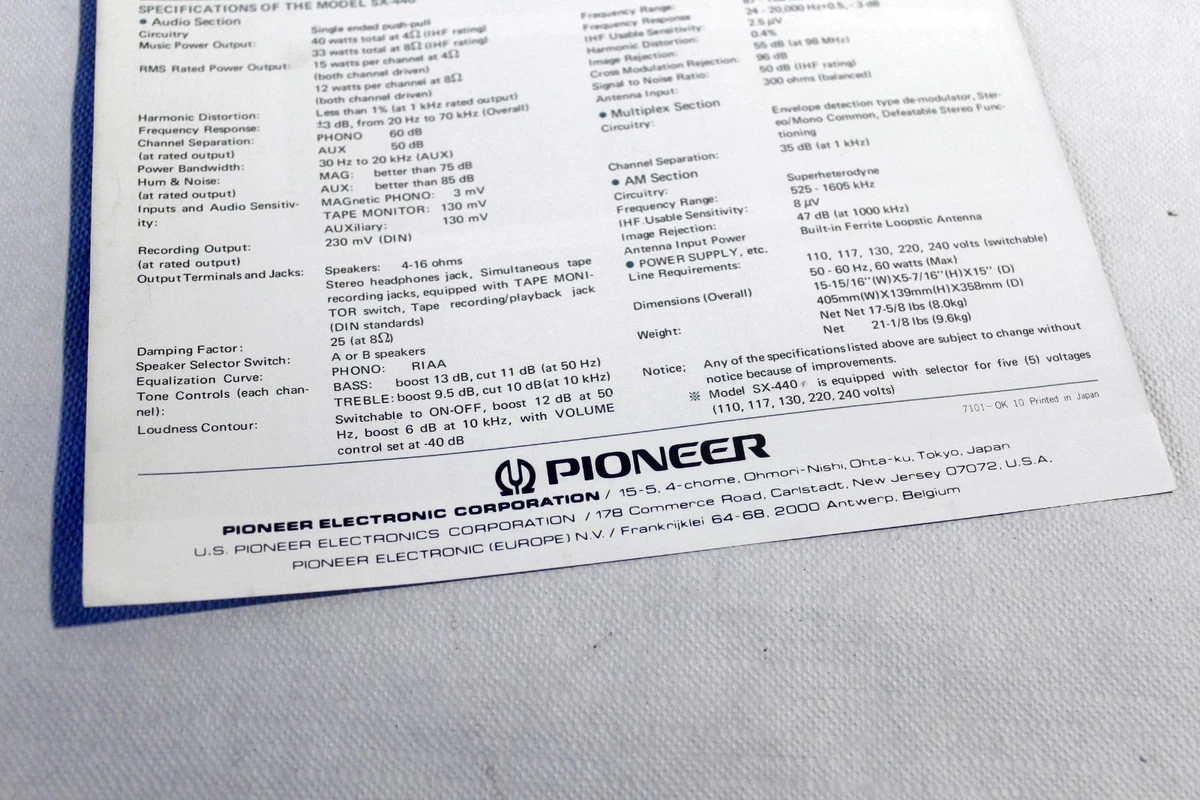 Originale Werbung / Datenblatt: Receiver PIONEER SX-440 von 1971