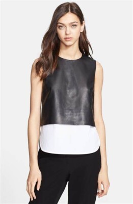 NWOT Theory Hodal 100% Lamb Leather Overlay Sleeveless Shirt Top 