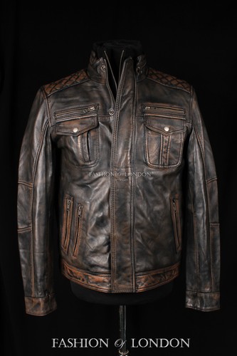Jacket Biker Brown Washed Leather Men's Quilted Bandito Style Trucker Lambskin Z6nwzqv