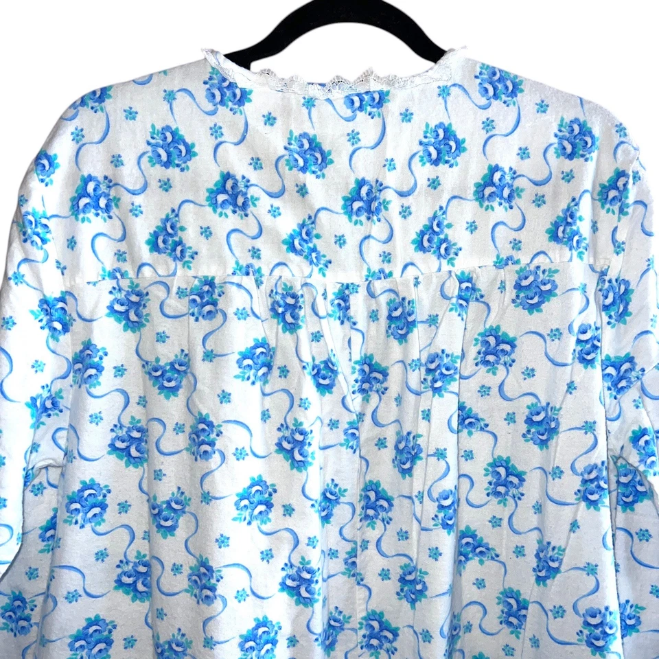 Camisón Vintage Penbrooke Lane Franela Largo Completo Blanco Azul Claro Floral 1X Foto 3 de 4