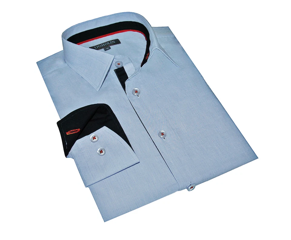 Ugholin Camicia Uomo Slim Fit Cotone Casual Manica Lunga Celeste - Immagine 2 di 4