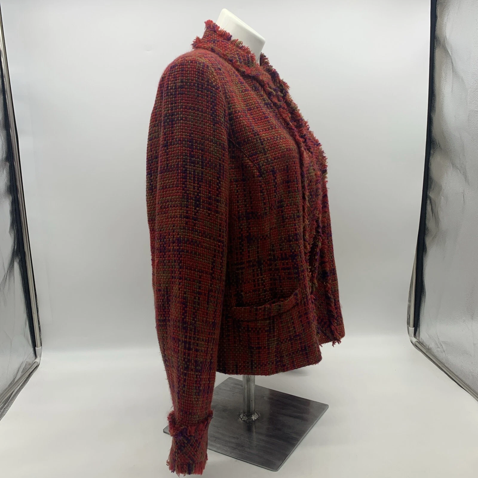 CHANEL Giacca blazer Coldwa Creek tweed donna M ritagliata aperta foderata davanti frange