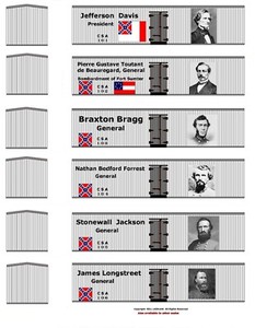 TT scale Confederate train 6-boxcar set #1, printed reefer sides, Jeff Davis