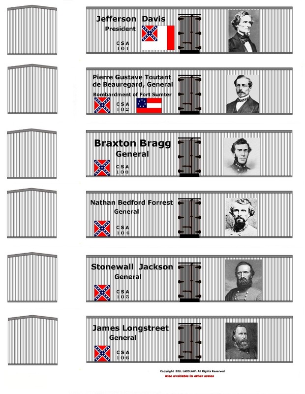 TT scale Confederate train 6-boxcar set #1, printed reefer sides, Jeff Davis