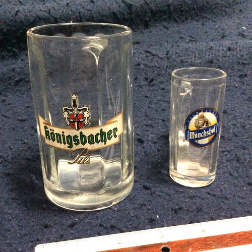 TWO (2) GLASS MUGS ● Konigsbacher Beer Mug ● Mönchshof  Beer miniature ● Germany - Picture 1 of 16