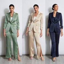 Satin Women Suits Champagne Jacket Pant with Slit Wedding Party Prom Work Wear
