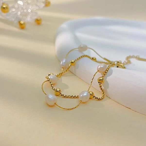 Armband Gold vergoldet Perlen weiß 18K Perlenarmband Edelstahl Damen B6340DL - Bild 4 von 4