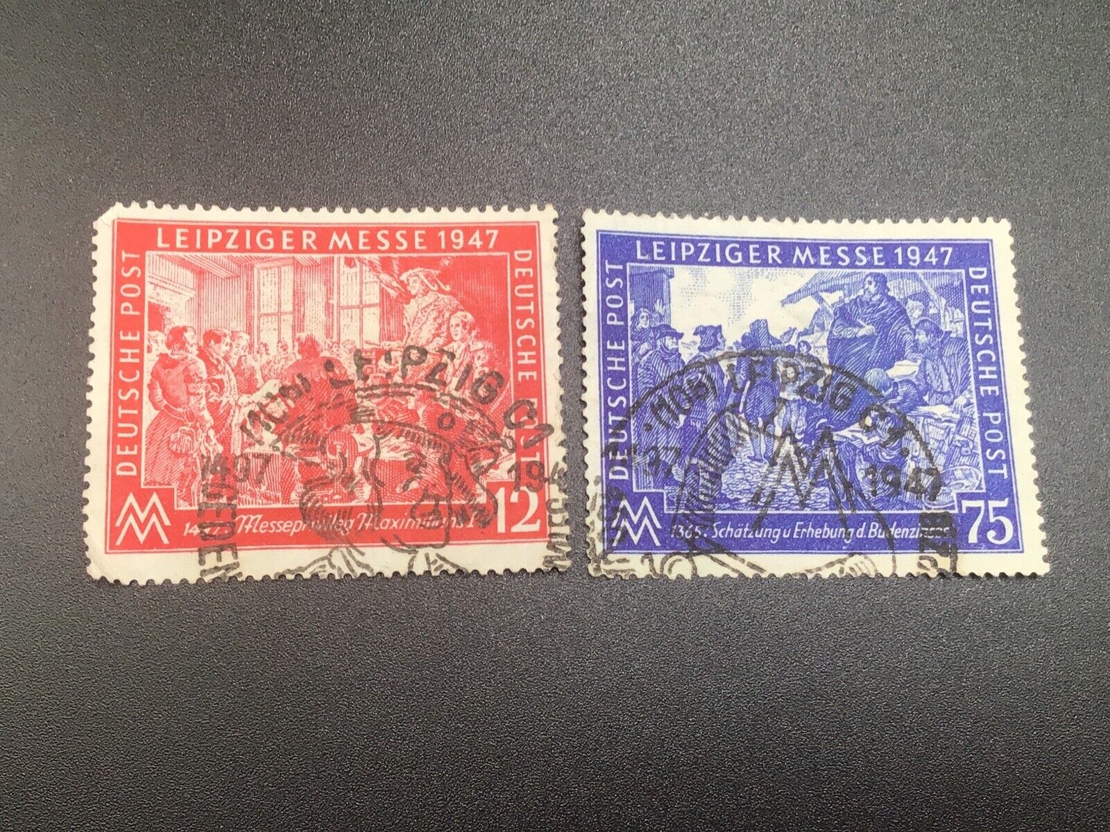 Germany 1947 Leipzig auction fair 12pf red & 75pf blue used.  P170