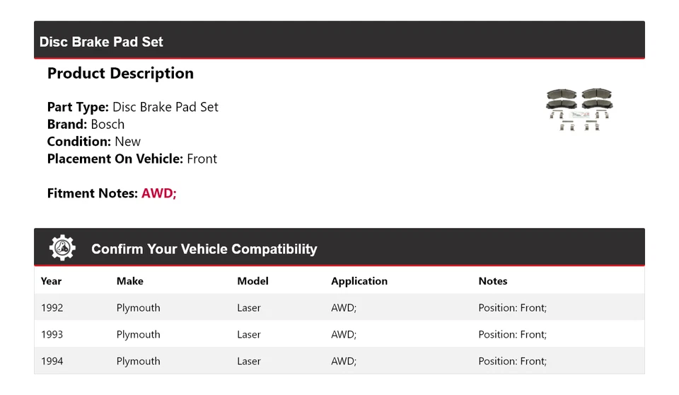 Pastillas de freno de cerámica azul Bosch AWD Plymouth Laser 1992-1994 con HD delanteras Foto 2 de 4