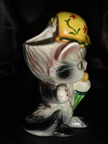 SELTEN Vintage ROYAL SEALY Miss Mr Kitty gelber Hut grüner Regenschirm VASE PFLANZGEFÄSS 6" - Bild 5 von 10