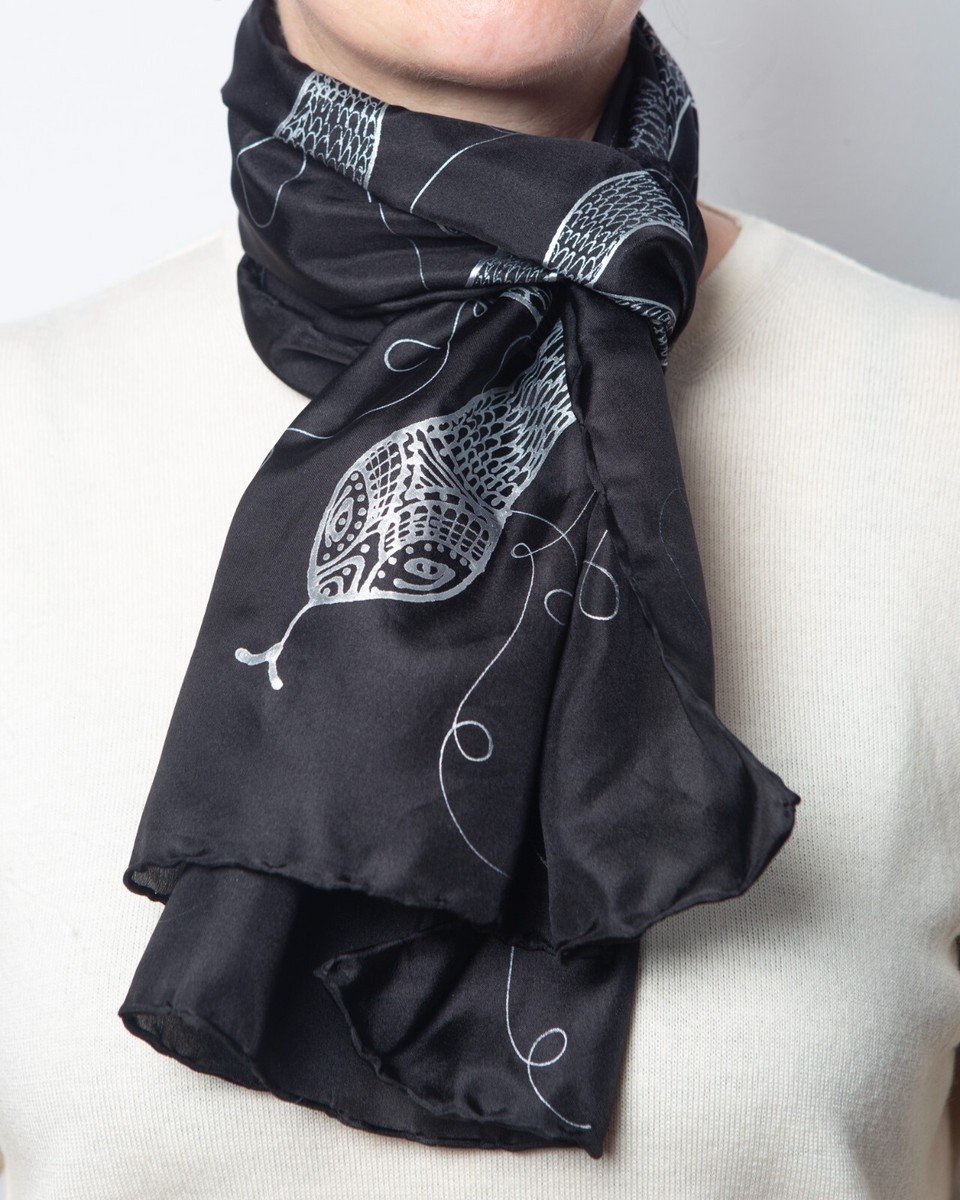 2025 Snake Year Hand Painted Silk Scarf Snake Print Black