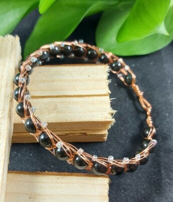 Handgefertigter ägyptischer Stil KUPFER Draht gewickelt Armreif Armband 6 mm Obsidian Perlen