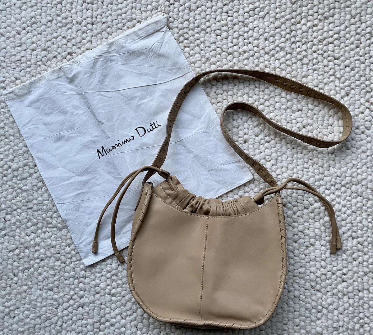 MASSIMO DUTTI Limited Edition Beige BRAIDED LEATHER DRAWSTRING CROSSBODY BAG
