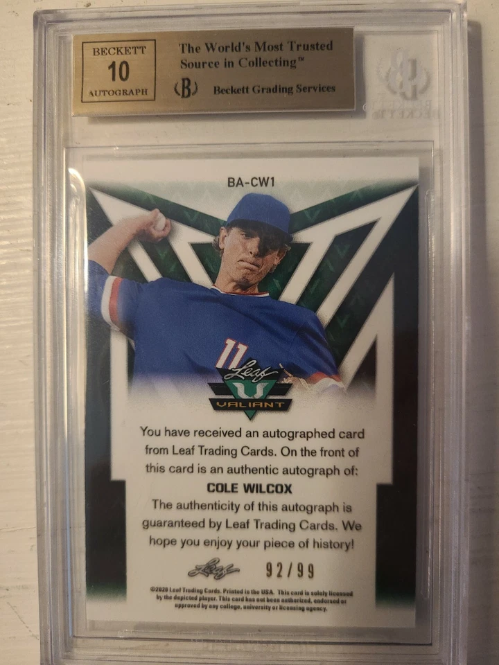 2020 Leaf Valiant COLE WILCOX green rookie auto-92/99-BGS 9.5/10-Rays - Image 2 of 2