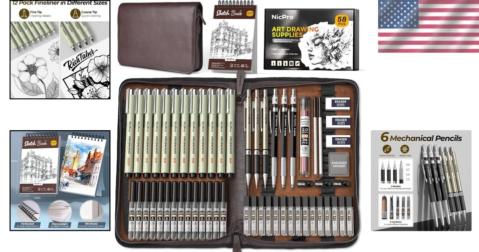58-Piece Premium Art Drawing Supplies Kit with Leather Case & Mechanical Pencils - Image 2 of 4