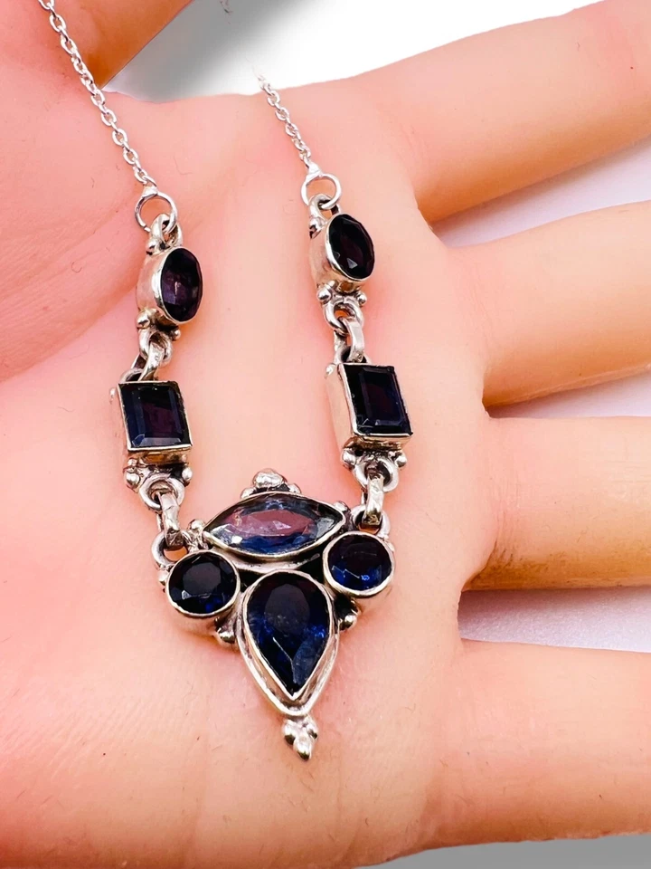 925 Sterling Silver Natural Iolite Blue Gemstone Bezel Set Necklace 16"  - Image 2 of 4