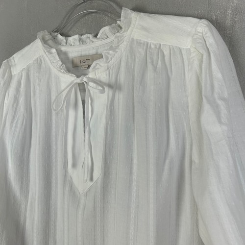 LOFT size L white blouse ruffle neck stripe texture lightweight cotton 3/4 sleev - Picture 7 of 11
