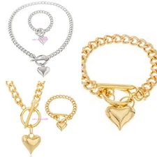 Women Jewelry Stainless Steel Silver/Gold Heart Curb Chain Necklace Bracelet Set