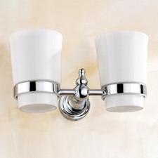 Polished Chrome Bathroom Wall Mounted Toothbrush Holder Two Ceramic Cups fba908