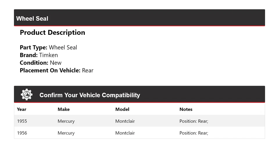 Sello de rueda trasero Timken para Mercury Montclair 1955-1956 Foto 2 de 4