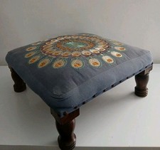 Bohemian Embroidered Mandala Cotton Foot Stool Wooden Legs 7 X 16 X 16 Inch Cute