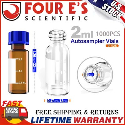 1000Pcs 2mL Glass Vials Amber Clear Autosampler Vials Sample Vials w/ Caps New