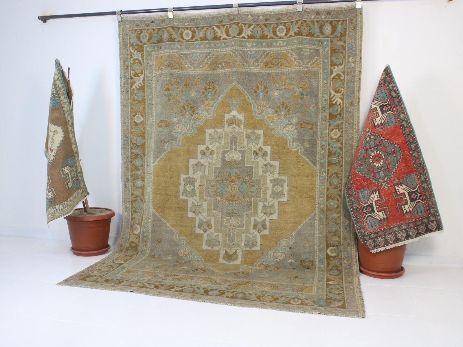 6x8 Turkish Handmade Rug Orange Blue Geometric 5.8x8.0 ft