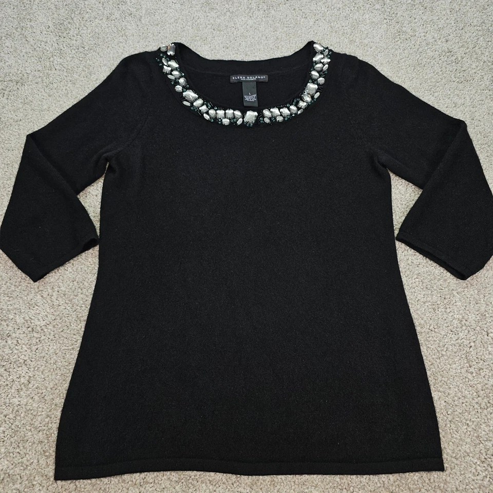 Elena Solano Black 100% Cashmere Embellished Jewel Neck 3/4 Sleeve Sweater Large - Image 2 of 4